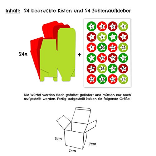 Papierdrachen 24 cajitas de Calendario de Adviento - con Pegatinas de números- 24 Cajas de Colores para Rellenar - Motivos Rojo y Verde
