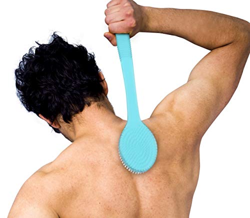 PAQUETE DE 2 CEPILLOS DE BAÑO Y DUCHA DE PRIMERA CALIDAD: un cepillo corporal de calidad rosa y otro azul con mango largo