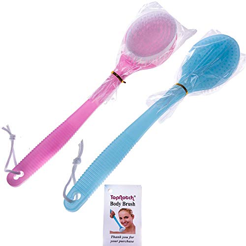 PAQUETE DE 2 CEPILLOS DE BAÑO Y DUCHA DE PRIMERA CALIDAD: un cepillo corporal de calidad rosa y otro azul con mango largo