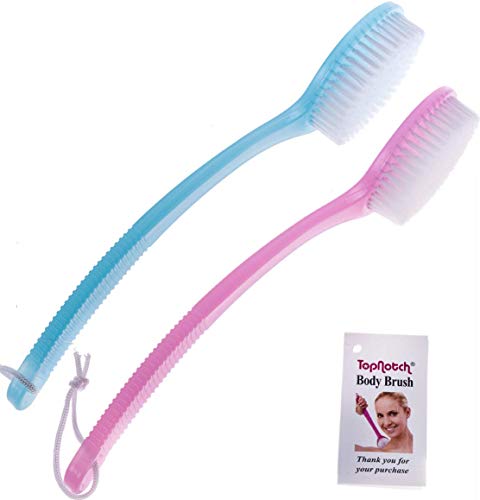 PAQUETE DE 2 CEPILLOS DE BAÑO Y DUCHA DE PRIMERA CALIDAD: un cepillo corporal de calidad rosa y otro azul con mango largo