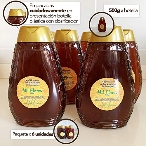 Paquete x 6 - Miel de Mil Flores - 500 gr x Botella. Miel natural, no pasteurizada ni calentada. Miel pura producida en España. Miel cruda con aroma floral y exquisito sabor.