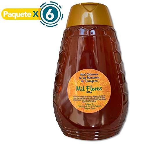 Paquete x 6 - Miel de Mil Flores - 500 gr x Botella. Miel natural, no pasteurizada ni calentada. Miel pura producida en España. Miel cruda con aroma floral y exquisito sabor.
