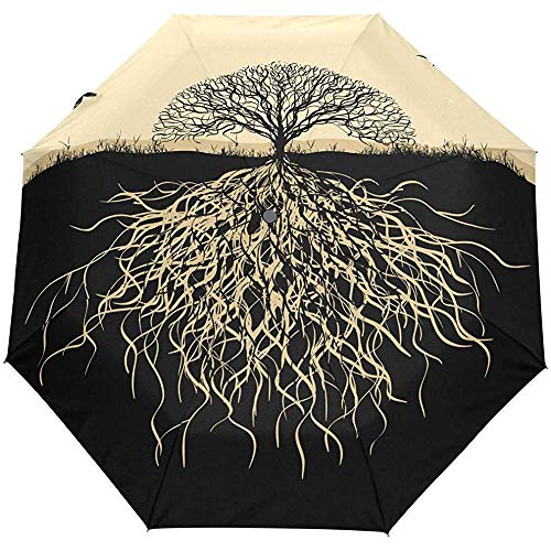 Paraguas de Viaje automático Abierto y Cerrado Viejo árbol de la Vida con raíces 3 Pliegues Paraguas automático a Prueba de Viento UV