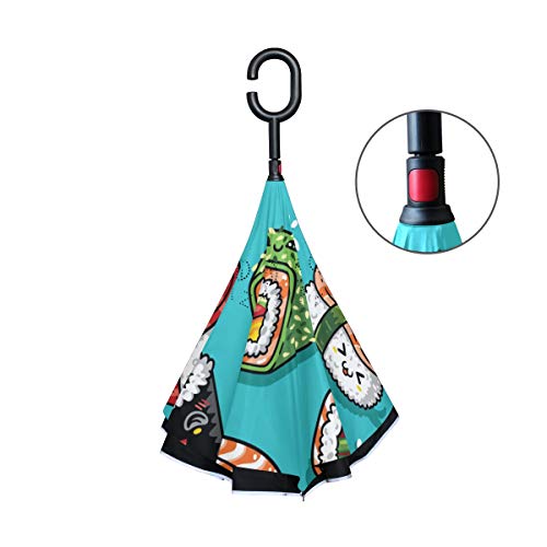 Paraguas inversos con Mango en Forma de C Rollos de Dibujos Animados Sushi Pescado Arroz A Prueba de Viento Plegable Anti-UV para Coche