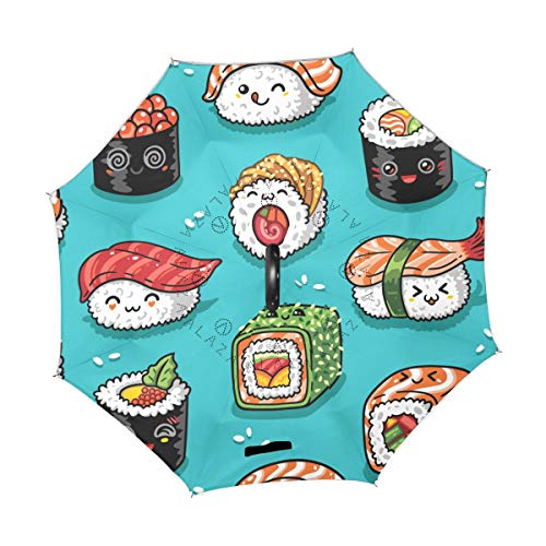 Paraguas inversos con Mango en Forma de C Rollos de Dibujos Animados Sushi Pescado Arroz A Prueba de Viento Plegable Anti-UV para Coche