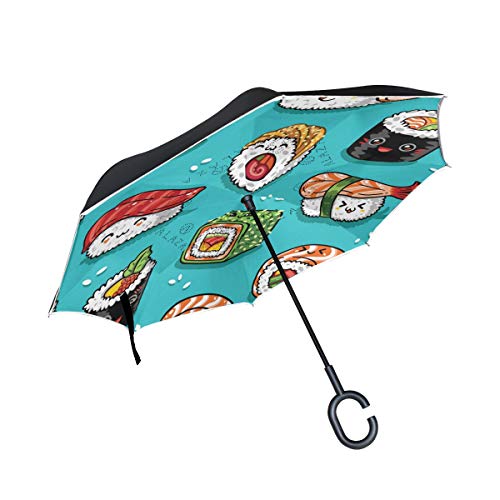 Paraguas inversos con Mango en Forma de C Rollos de Dibujos Animados Sushi Pescado Arroz A Prueba de Viento Plegable Anti-UV para Coche