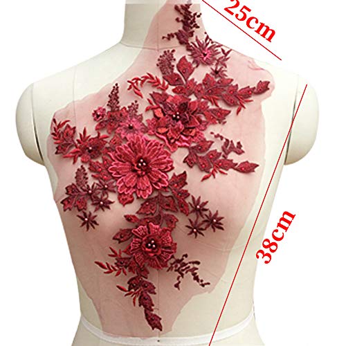 Parche floral bordado de encaje para costura y accesorios de manualidades Tamaño libre rojo vino