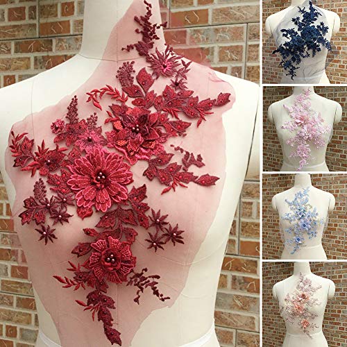 Parche floral bordado de encaje para costura y accesorios de manualidades Tamaño libre rojo vino