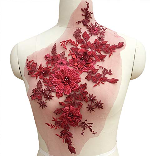 Parche floral bordado de encaje para costura y accesorios de manualidades Tamaño libre rojo vino