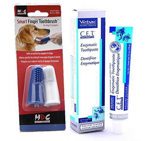 Pasta de dientes para perros enzimática Virbac (sabor a pollo, 70 g) con cepillo de dientes para el dedo, paquete de dos, de Smart Bundles