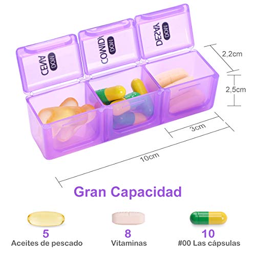 Pastillero Semanal 3 Tomas Español - Organizador de Medicamentos, con 21 Compartimentos (21 Compartimentos, Español)