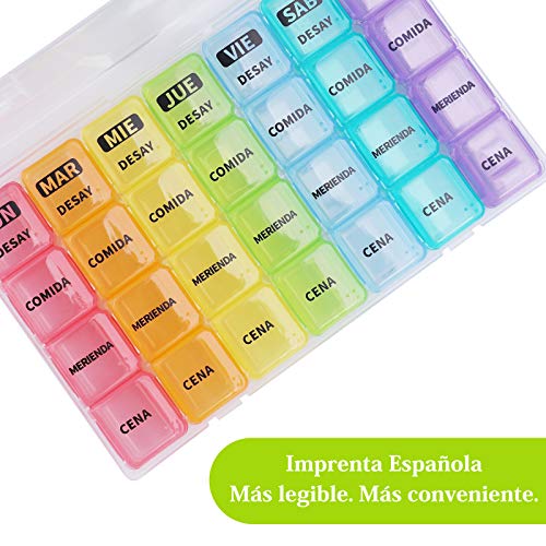 Pastillero Semanal Español 4 Tomas, Opret Dosificador de Comprimidos 7 Dias con 28 Compartimentos Pastillero Diario Perfecto para Viaje