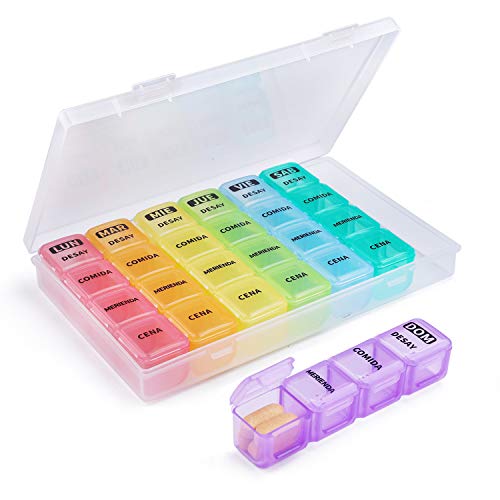 Pastillero Semanal Español 4 Tomas, Opret Dosificador de Comprimidos 7 Dias con 28 Compartimentos Pastillero Diario Perfecto para Viaje