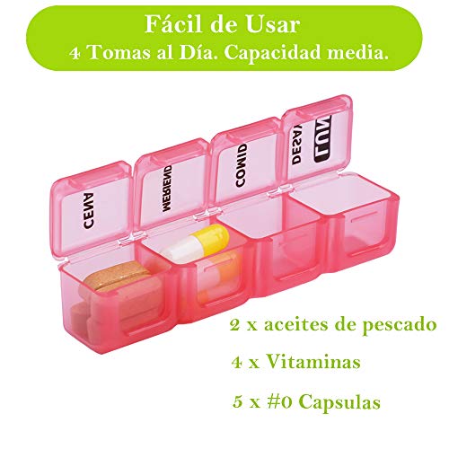 Pastillero Semanal Español 4 Tomas, Opret Dosificador de Comprimidos 7 Dias con 28 Compartimentos Pastillero Diario Perfecto para Viaje