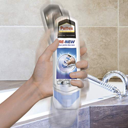 Pattex Baño Sano Re-New, Silicona Blanca para Cocina y Baño, Silicona Antimoho Fácil de Aplicar, Sellador de Juntas Impermeable y Resistente Al Moho, 1x100 ml