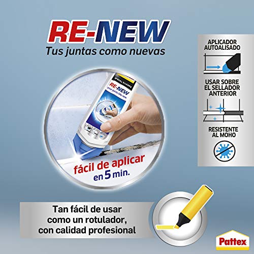 Pattex Baño Sano Re-New, Silicona Blanca para Cocina y Baño, Silicona Antimoho Fácil de Aplicar, Sellador de Juntas Impermeable y Resistente Al Moho, 1x100 ml