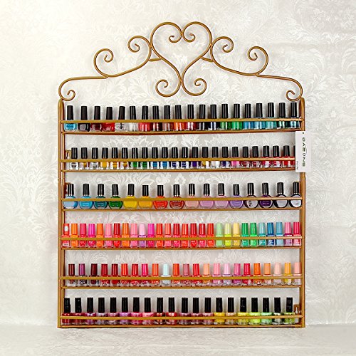 P&B - Estante de pared para esmalte de uñas, 6 niveles, soporte de metal con forma de corazón para guardar 120 botellas (dorado)