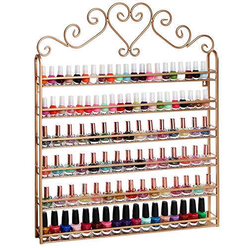 P&B - Estante de pared para esmalte de uñas, 6 niveles, soporte de metal con forma de corazón para guardar 120 botellas (dorado)