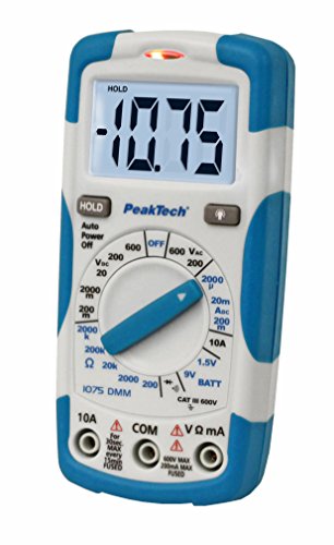 PeakTech 1075 - Multímetro Digital NCV Cat III con Pantalla LCD, Probador de Batería, Multímetro de Mano, Medición de Corriente, Probador de Continuidad, Voltímetro - Máx.600 V