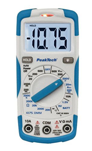 PeakTech 1075 - Multímetro Digital NCV Cat III con Pantalla LCD, Probador de Batería, Multímetro de Mano, Medición de Corriente, Probador de Continuidad, Voltímetro - Máx.600 V