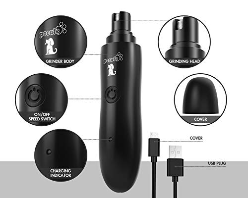 Pecute Lima de Uñas Eléctrica para Perro Gato Mascotas Mediano y Grande, Cortaunas Perro, Amoladora del Clavo Recargable y de Bajo Ruido, Dos Grados Velocidad Variable con Cable USB (Negro) (L, Negro)