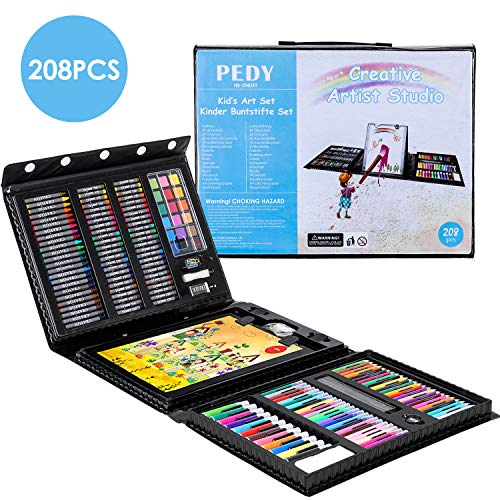 Pedy 208 pcs Estuche de Pinturas para Niños, Maletín de Pinturas - Incluye Ceras, Pinturas al Agua, Pasteles al Óleo, Rotuladores, Borrador, Lápices de Agua, Lápices de Colores Bloc de Bocetos