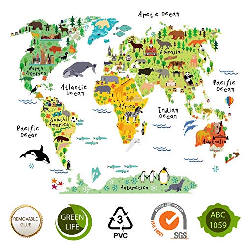 Pegatina de Pared Decoración Habitacion Infantil Mapa Mundi. Vinilo Decorativo Mapa para NIÑOS. Pegatina Decorativa Paises Y CONTINENTES. Tamaño 80x100 cm.