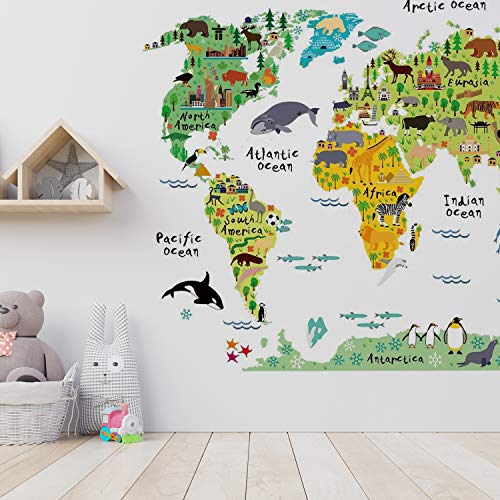 Pegatina de Pared Decoración Habitacion Infantil Mapa Mundi. Vinilo Decorativo Mapa para NIÑOS. Pegatina Decorativa Paises Y CONTINENTES. Tamaño 80x100 cm.