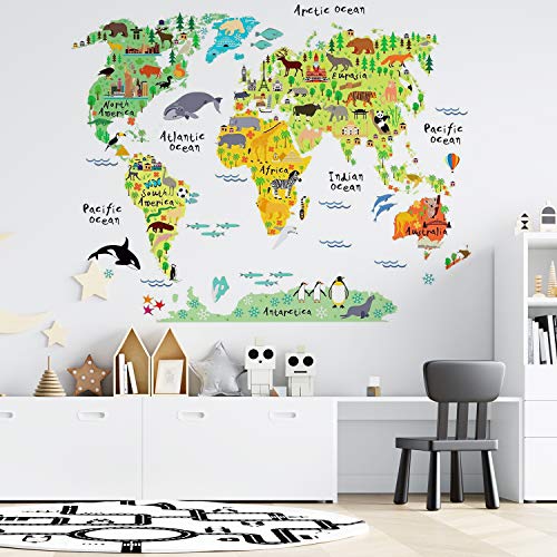 Pegatina de Pared Decoración Habitacion Infantil Mapa Mundi. Vinilo Decorativo Mapa para NIÑOS. Pegatina Decorativa Paises Y CONTINENTES. Tamaño 80x100 cm.