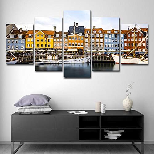 PEJHQY Paisaje del Puerto de Copenhague Cuadro en Lienzo 5 Piezas Galería de Arte Innovador de impresión Lona Superior Decoración de la Pared de Arte Moderno