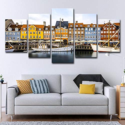 PEJHQY Paisaje del Puerto de Copenhague Cuadro en Lienzo 5 Piezas Galería de Arte Innovador de impresión Lona Superior Decoración de la Pared de Arte Moderno