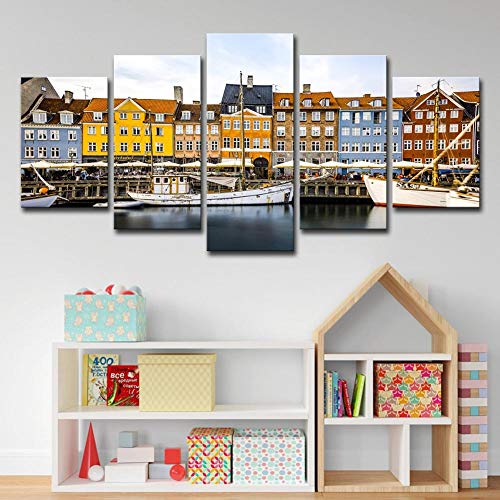 PEJHQY Paisaje del Puerto de Copenhague Cuadro en Lienzo 5 Piezas Galería de Arte Innovador de impresión Lona Superior Decoración de la Pared de Arte Moderno