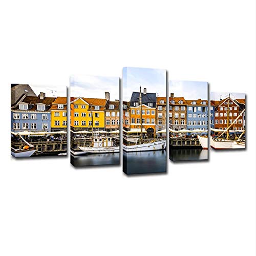 PEJHQY Paisaje del Puerto de Copenhague Cuadro en Lienzo 5 Piezas Galería de Arte Innovador de impresión Lona Superior Decoración de la Pared de Arte Moderno