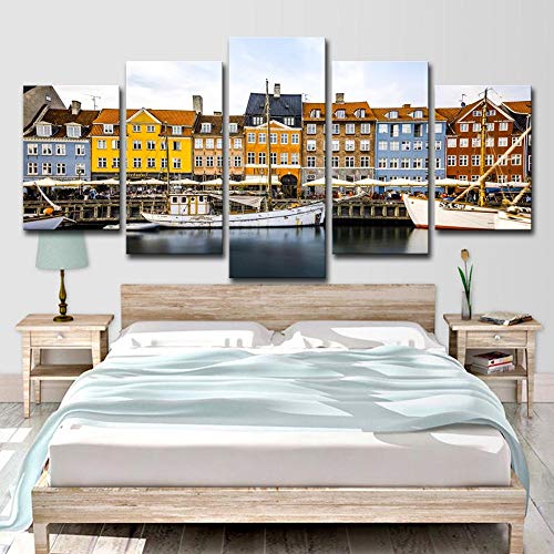 PEJHQY Paisaje del Puerto de Copenhague Cuadro en Lienzo 5 Piezas Galería de Arte Innovador de impresión Lona Superior Decoración de la Pared de Arte Moderno