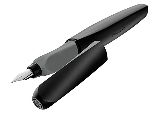 Pelikan 946806 - Pluma estilográfica Twist cartucho de tinta azul incluido, mango ergonómico, para usuarios diestros y zurdos, uso escolar, punta de acero M, Negro