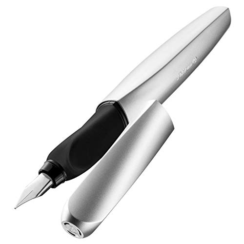 Pelikan 947101 - Pluma estilográfica Twist cartucho de tinta azul incluido, mango ergonómico, para usuarios diestros y zurdos, uso escolar, punta de acero M, Plata Silver