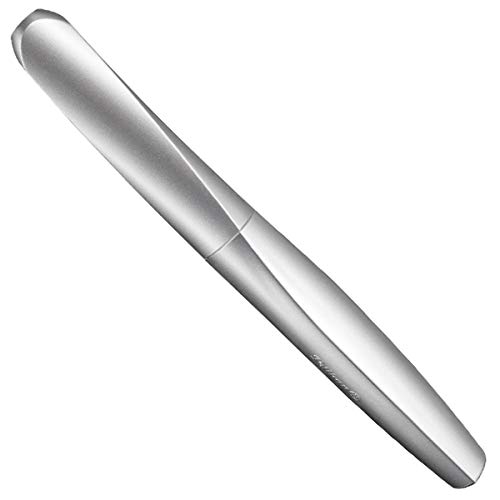 Pelikan 947101 - Pluma estilográfica Twist cartucho de tinta azul incluido, mango ergonómico, para usuarios diestros y zurdos, uso escolar, punta de acero M, Plata Silver