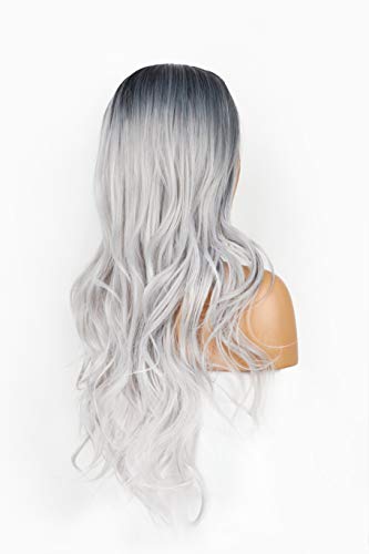 Peluca de pelo negro y plateado para mujer, se ve y se siente como pelo real natural negro a plata degradado gris fibra sintética importada resistente al calor