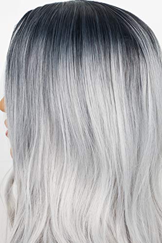 Peluca de pelo negro y plateado para mujer, se ve y se siente como pelo real natural negro a plata degradado gris fibra sintética importada resistente al calor