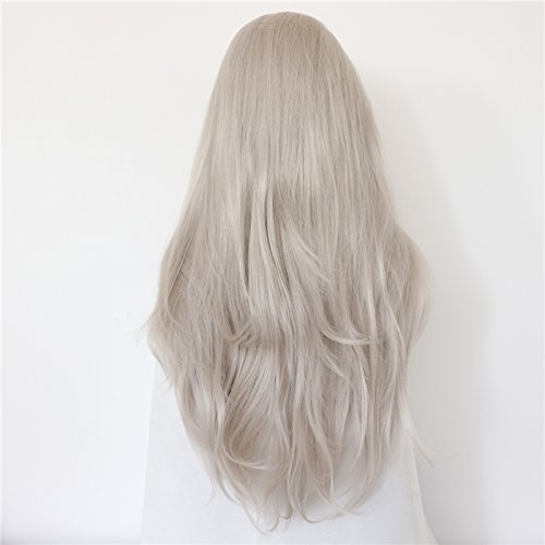 Peluca moderna y natural de encaje frontal sin pegamento. Pelo largo y liso de color gris plateado y resistente al calor