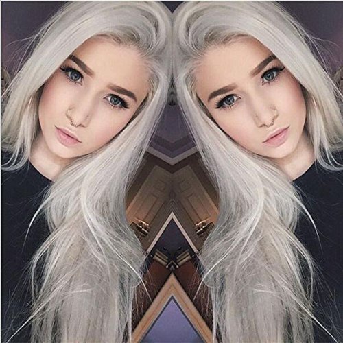 Peluca moderna y natural de encaje frontal sin pegamento. Pelo largo y liso de color gris plateado y resistente al calor