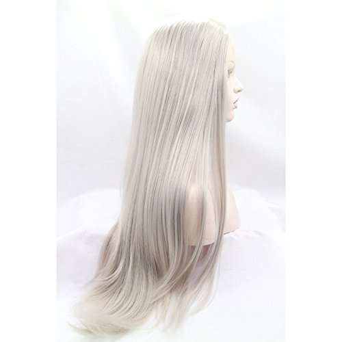 Peluca moderna y natural de encaje frontal sin pegamento. Pelo largo y liso de color gris plateado y resistente al calor