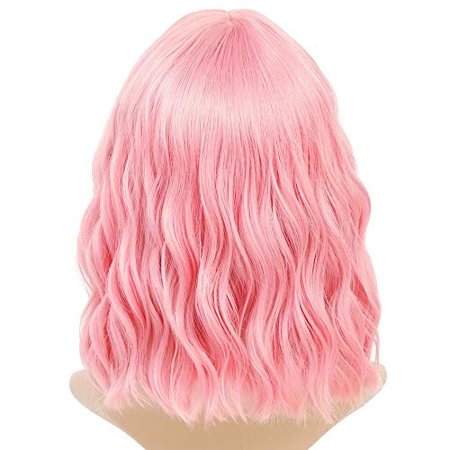 Peluca rosa mujer niñas peluca rizada cortas con flequillo 14 inch pelucas bob para disfraces carnaval cosplay halloween fantasia
