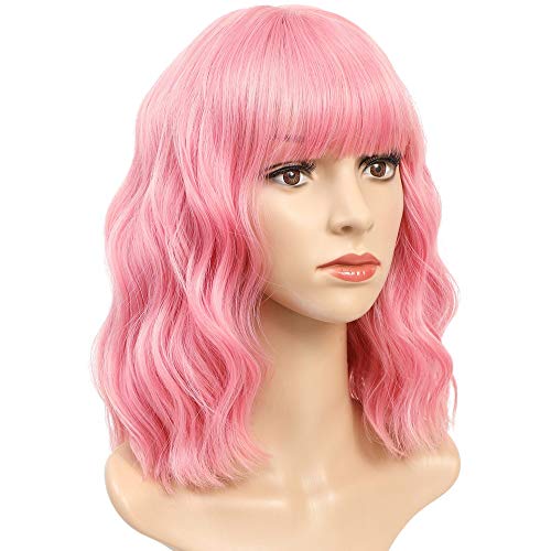 Peluca rosa mujer niñas peluca rizada cortas con flequillo 14 inch pelucas bob para disfraces carnaval cosplay halloween fantasia