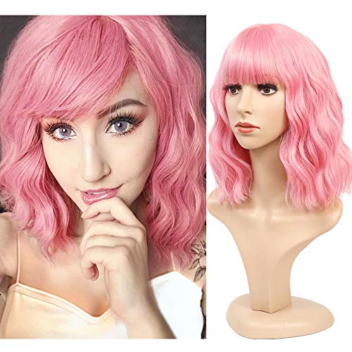 Peluca rosa mujer niñas peluca rizada cortas con flequillo 14 inch pelucas bob para disfraces carnaval cosplay halloween fantasia