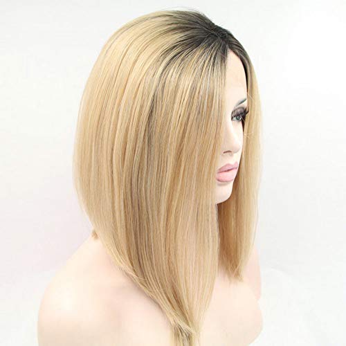 Pelucas cortas de cabello natural rubio pastel Ombre sintético, pelucas frontales de encaje para Drag Queen pelo de Bob recto con raíces oscuras, peluca completa de repuesto de 14 pulgadas