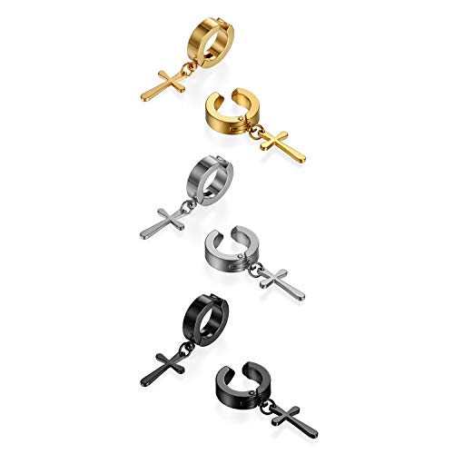 Pendientes Cruz para Hombre Mujer Acero Inoxidable 6Pcs de Aretes Crucifijo Hipoalergenico Joyería de Moda Oro Plata Negro
