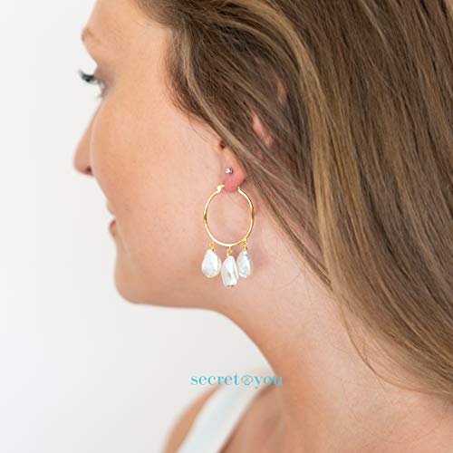 Pendientes de Mujer con Tres Perlas Cultivadas de Agua Dulce Barrocas Keshi Blancas de 9-10 y 11-12 mm SECRET & YOU - Diseño en Plata de Ley de 925 milésimas Bañada en Oro de 18 k