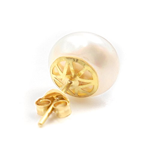 Pendientes oro 18 kilates mujer/joven con perla cultivada 11 mm y canastilla calada con cierre tornillo presiones.Peso real 3.7 gramos