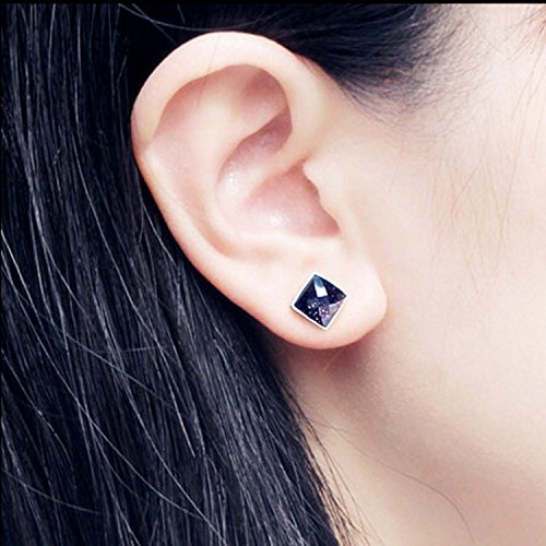 Pendientes unisex chapados en plata de ley con ágata negra y ónix negro, cuadrado, rombic, color morado